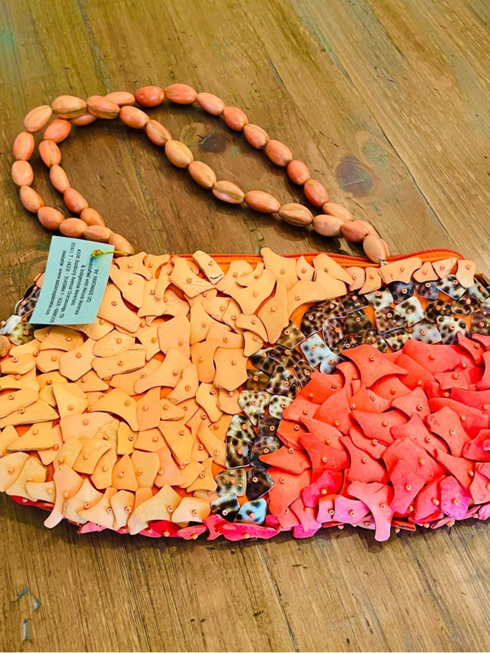 Handmade wood & shells purse. Small size with beads for handle. Very summer